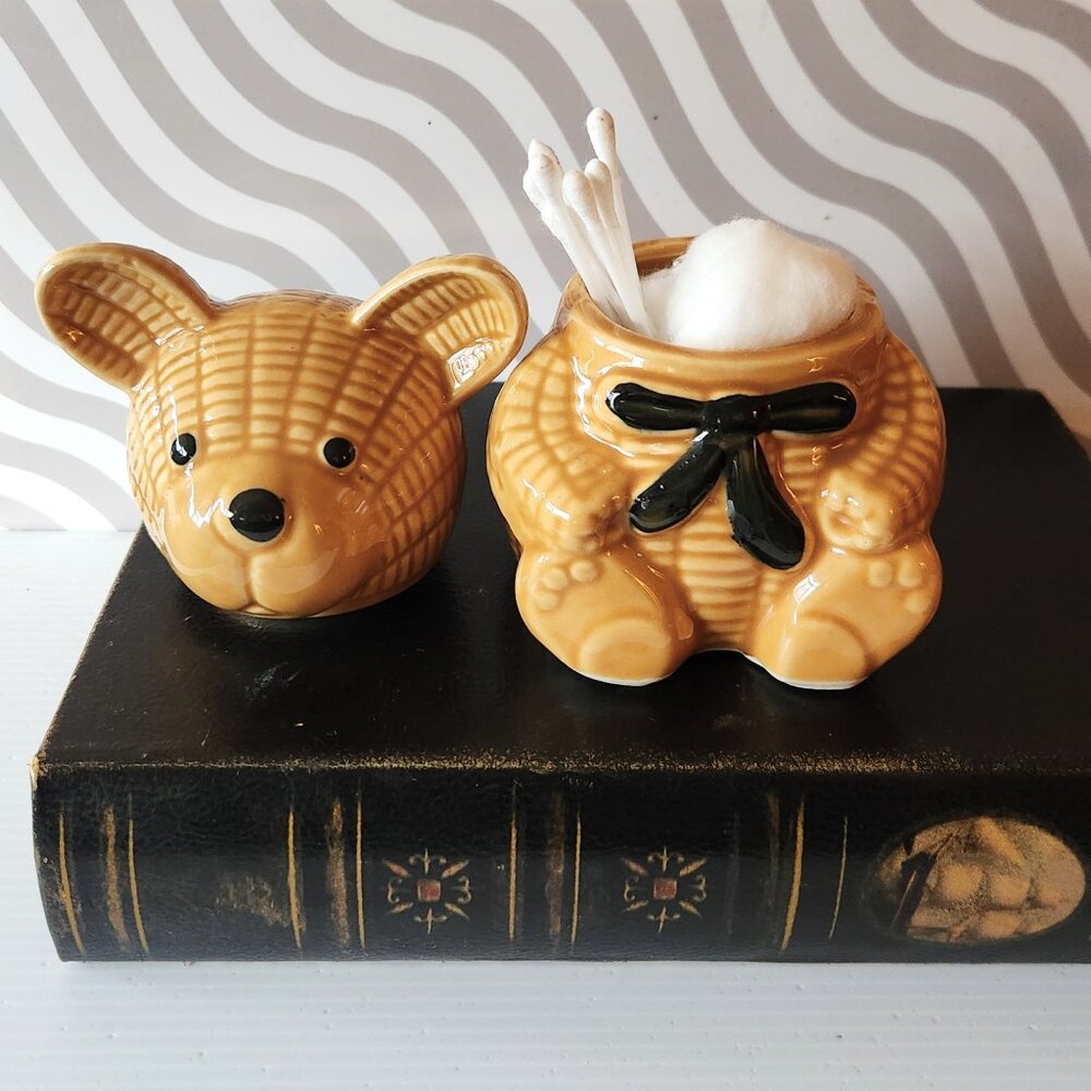 Bear Jar, Honey Bear Jar Ceramic Brown bear with black bowtie, Trinket Holder
